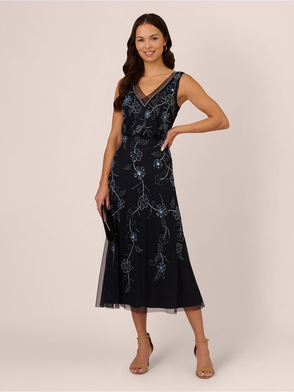 Adrianna Papell Midnight Blue Multi Beaded Floral Midi Dress Nwt Size 12 Formal